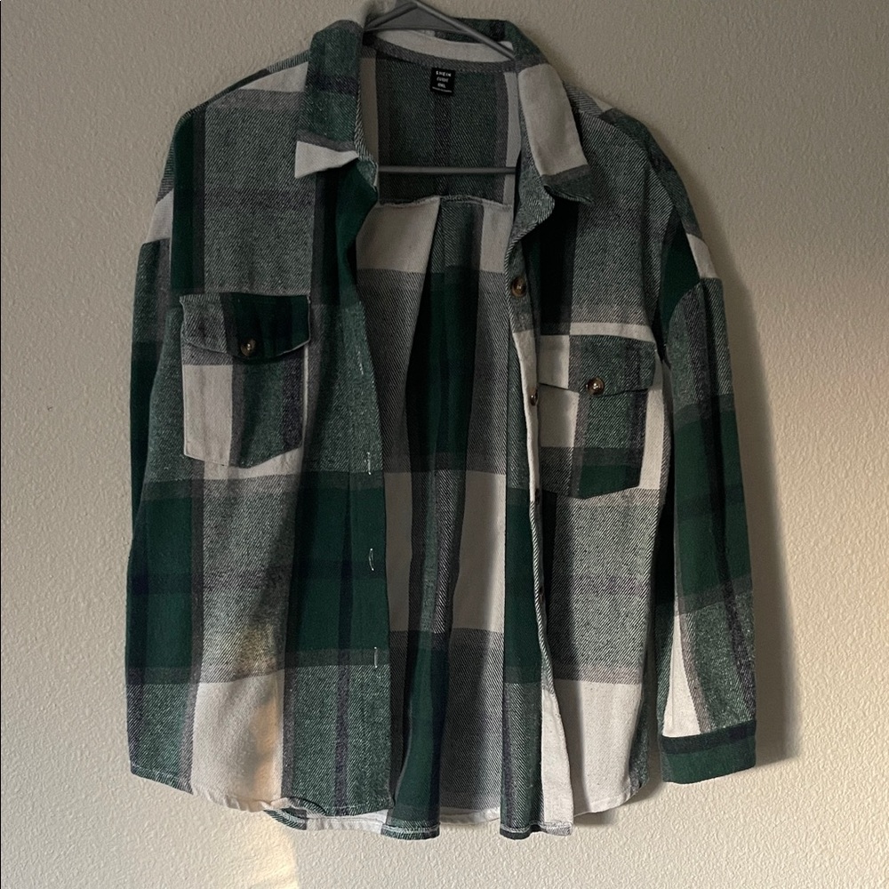 SHEIN Women's Green Plaid Button Down Shirt
